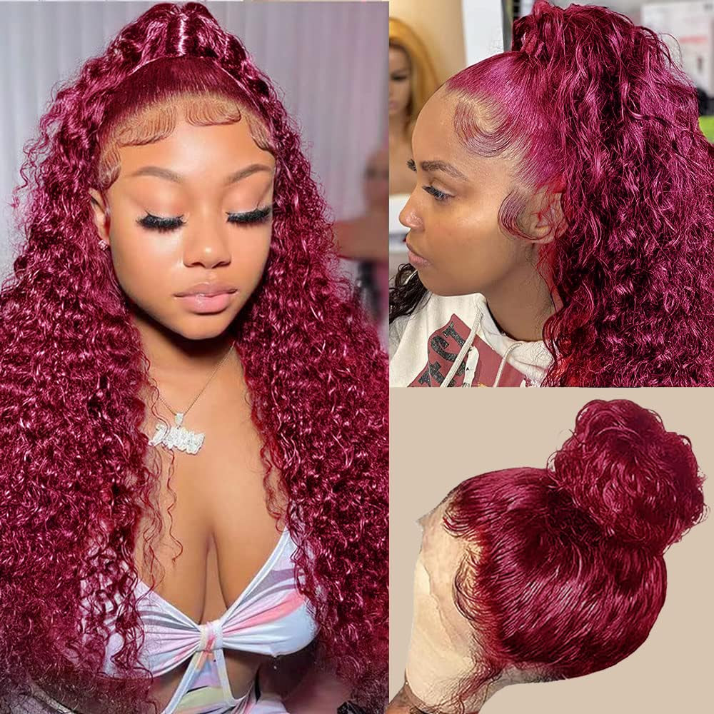 250% Density Deep Wave Lace Front Wigs - 360 Full Lace Deep Curly Wave Wigs - Pre Plucked with Baby Hair - 99J Burgundy Wet and Wavy Human Hair Wig