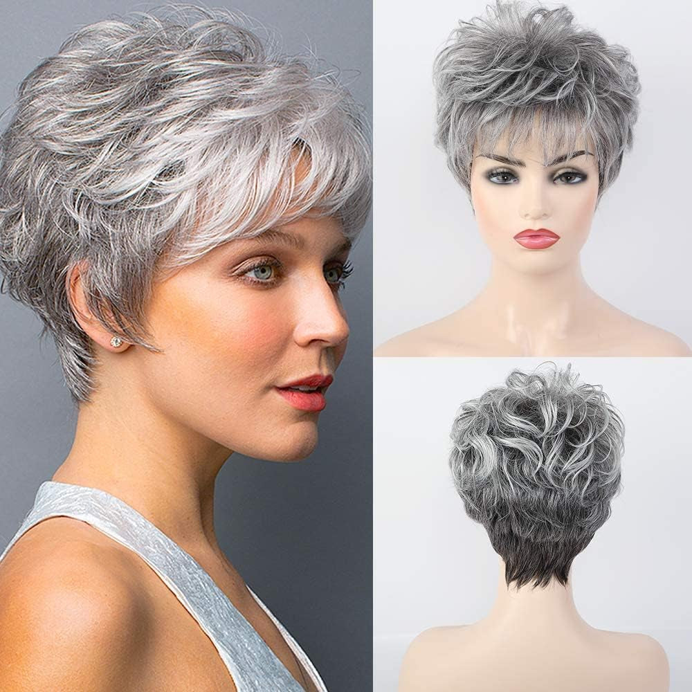 Short Curly Gray Wigs for Women Pixie Cut Wig Grey Easy-Care Human Hair Wigs for Women