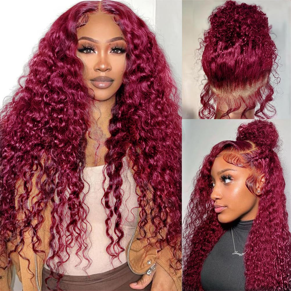 250% Density Deep Wave Lace Front Wigs - 360 Full Lace Deep Curly Wave Wigs - Pre Plucked with Baby Hair - 99J Burgundy Wet and Wavy Human Hair Wig