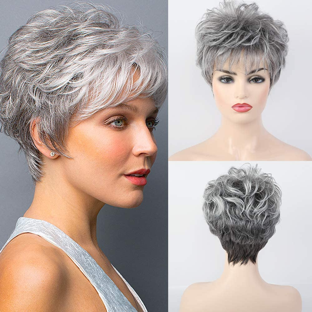 Short Curly Gray Wigs for Women Pixie Cut Wig Grey Easy-Care Human Hair Wigs for Women