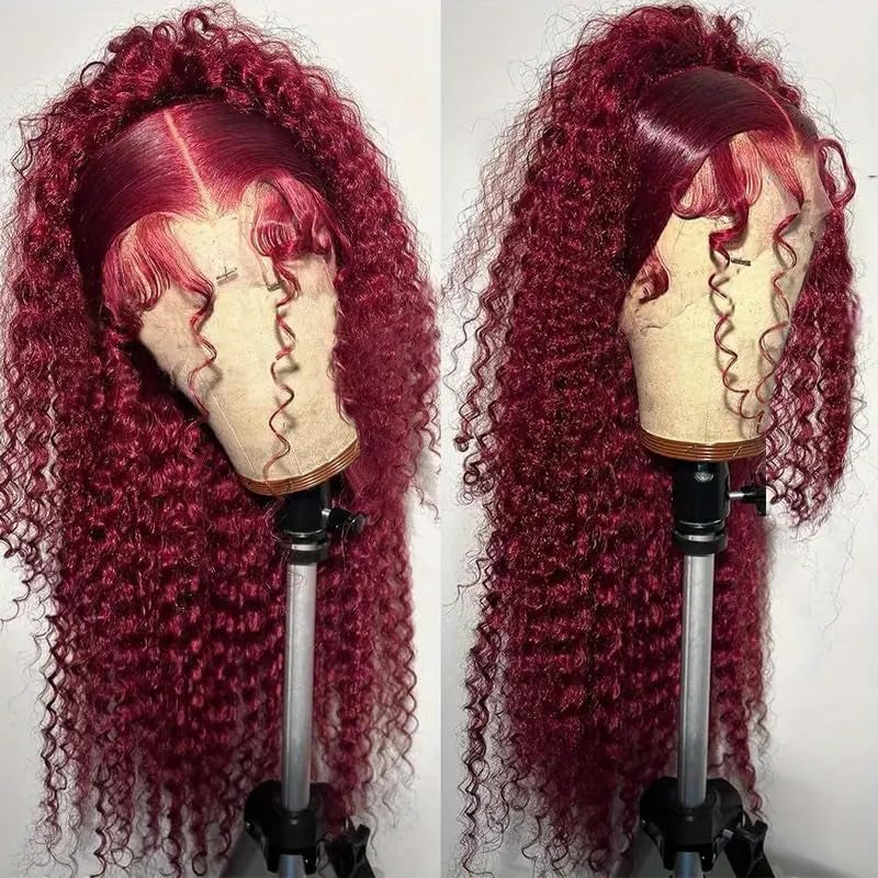 250% Density Deep Wave Lace Front Wigs - 360 Full Lace Deep Curly Wave Wigs - Pre Plucked with Baby Hair - 99J Burgundy Wet and Wavy Human Hair Wig