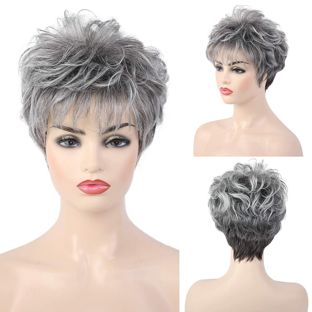 Short Curly Gray Wigs for Women Pixie Cut Wig Grey Easy-Care Human Hair Wigs for Women