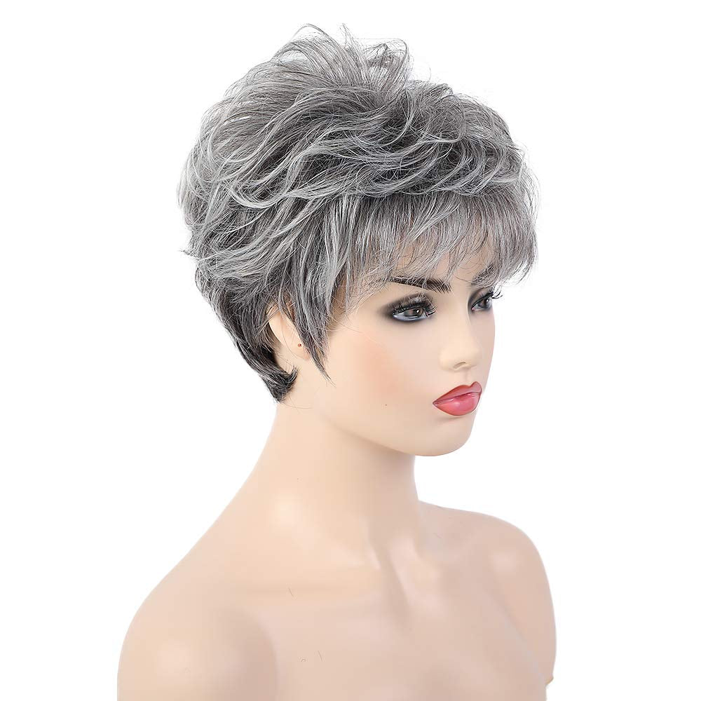 Short Curly Gray Wigs for Women Pixie Cut Wig Grey Easy-Care Human Hair Wigs for Women