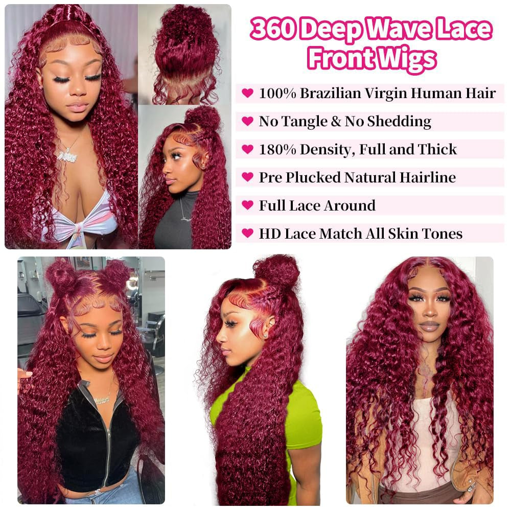 250% Density Deep Wave Lace Front Wigs - 360 Full Lace Deep Curly Wave Wigs - Pre Plucked with Baby Hair - 99J Burgundy Wet and Wavy Human Hair Wig